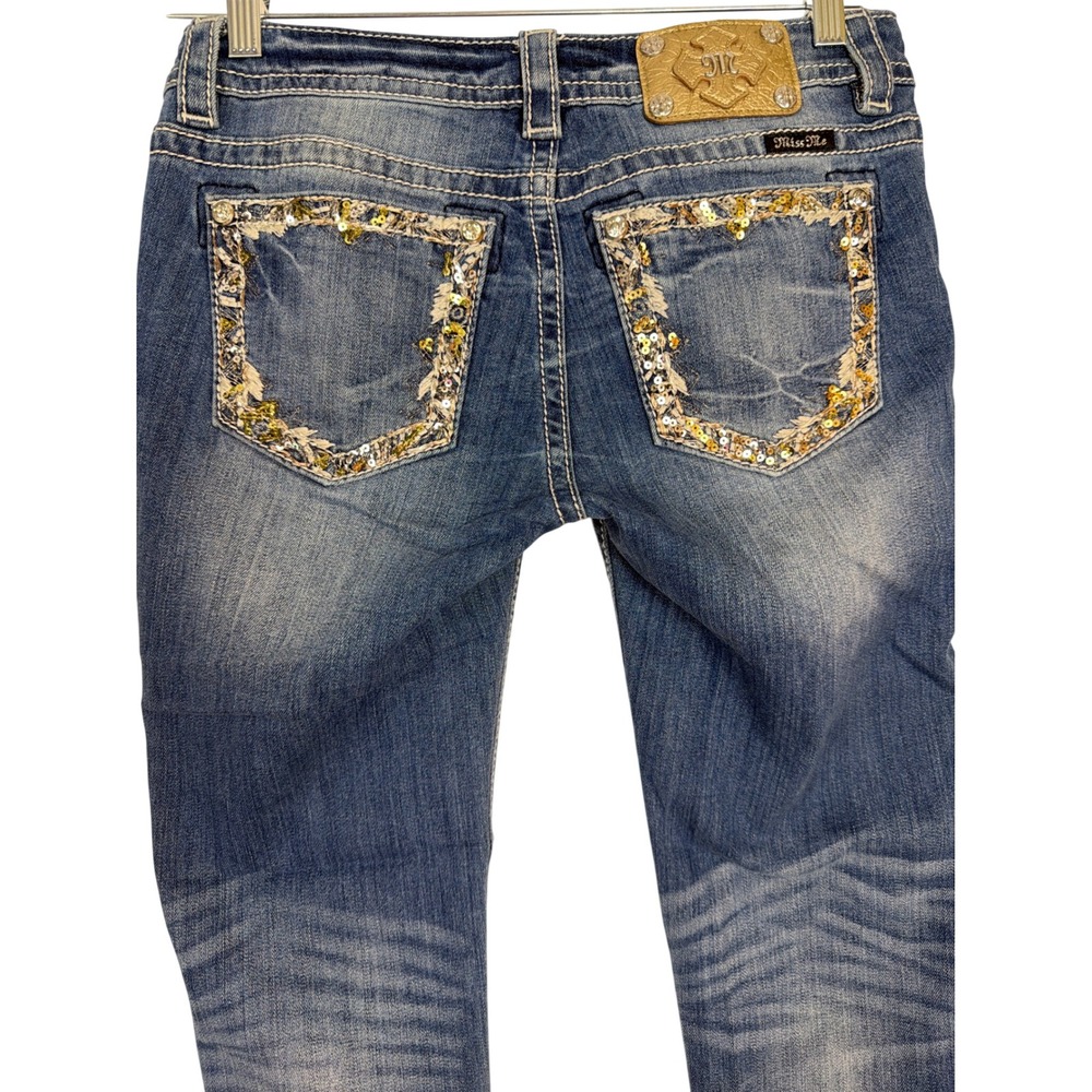 Miss Me Ankle Skinny Jeans Women 28 Blue Sequin Embroidered Low Rise Bling Glam